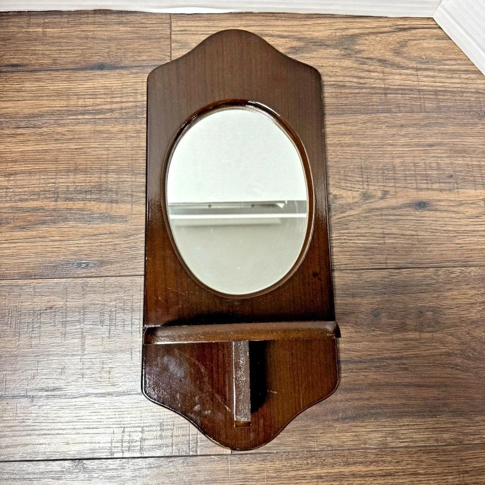Vintage Wooden Mirror Wall Shelf Dark Mahogany Color Oval Mirror